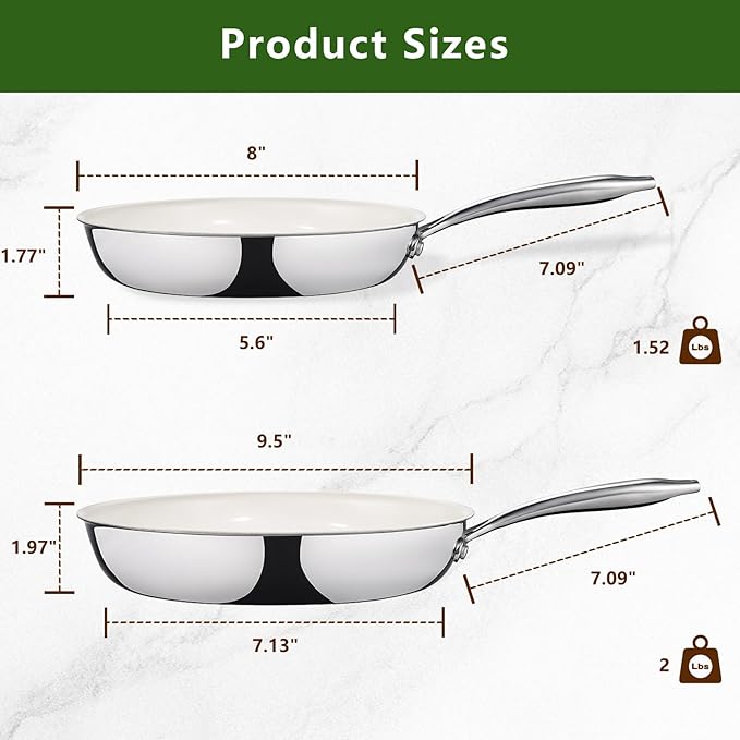 8 Inch Nonstick Ceramic Frying Pan, Tri-Ply Stainless Steel Skillet with Stay-Cool Handle, PFAS/PFOA/PTFE Free, No Seasoning Required, High Heat & Induction Safe, Dishwasher/Oven Safe