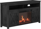 BELLEZE 58" Farmhouse Fireplace TV Stand for TVs up to 65", 23" Electric Fireplace Heater with Sound, Entertainment Center Media Console Table Barn Door Storage Cabinets for Living Room - Rustic Grey