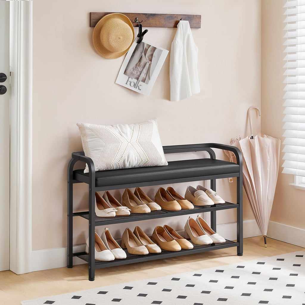 YATINEY Shoe Bench with Backrest, Entryway Bench, 2-Tier Shoe Rack with PU Padded Seat, Upholstered Shoe Storage Bench with Back, for Hallway, Entryway, Foyer, Bedroom, Black HX14BB