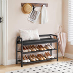 YATINEY Shoe Bench with Backrest, Entryway Bench, 2-Tier Shoe Rack with PU Padded Seat, Upholstered Shoe Storage Bench with Back, for Hallway, Entryway, Foyer, Bedroom, Black HX14BB