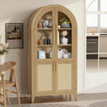 63" Tall Arched Cabinet with Glass Doors, Kitchen Pantry Storage Cabinet with Dust-Proof Rattan, 5-Tier Curio China Cabinet with Adjustable Shelves for Living Room Dining Room, Oak