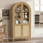 63" Tall Arched Cabinet with Glass Doors, Kitchen Pantry Storage Cabinet with Dust-Proof Rattan, 5-Tier Curio China Cabinet with Adjustable Shelves for Living Room Dining Room, Oak