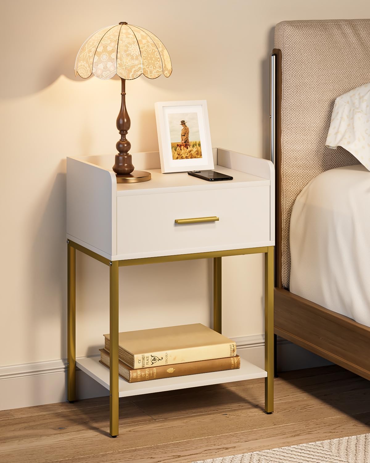 Nightstand,3-Tier Modern Night Stand,Bedside Table with Storage Drawer and Shelf,Small Side Table for Bedroom,Living Room,White