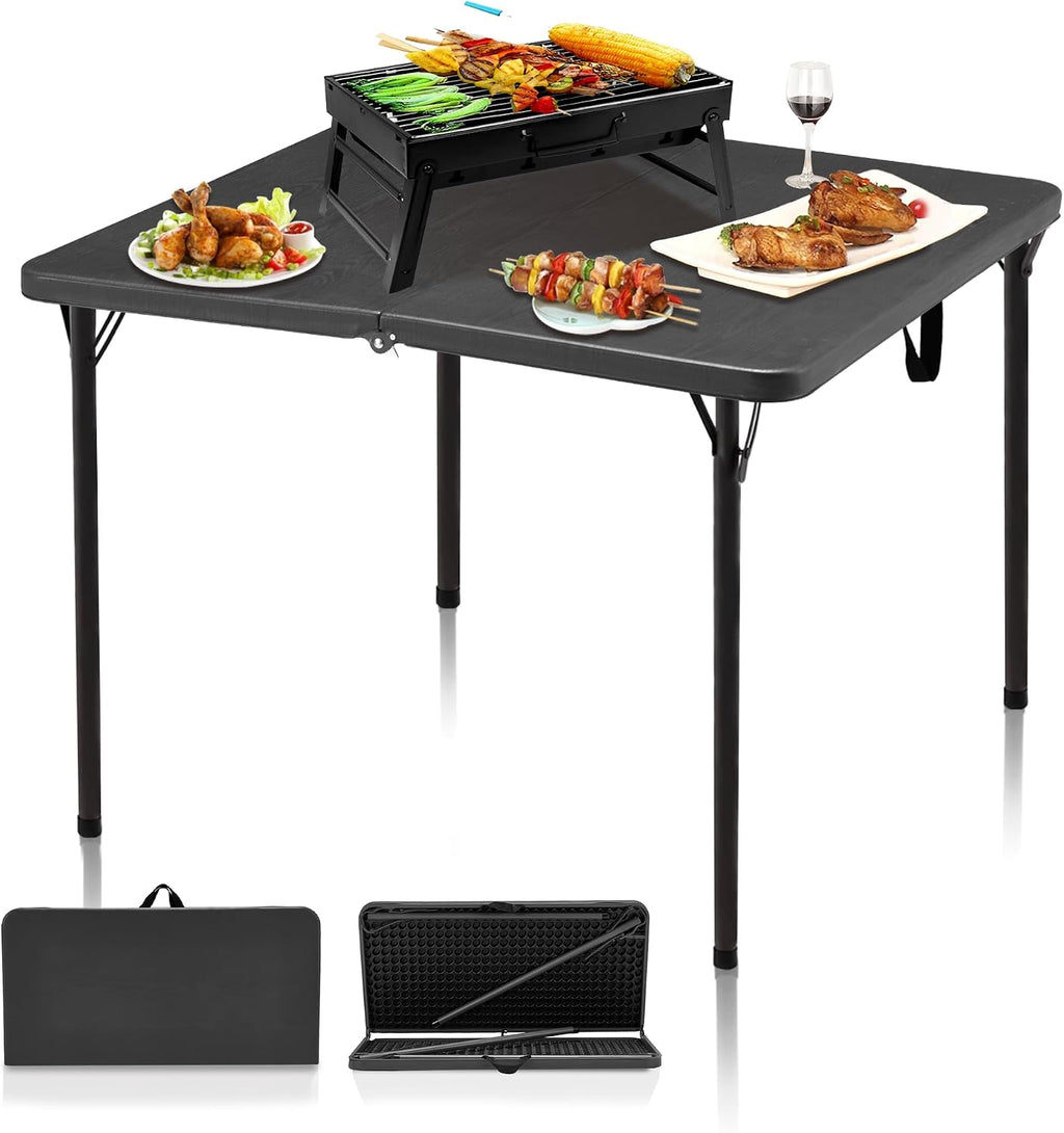 34" Folding Table, Portable Square Camping Card Table with Collapsible Legs & Carrying Handle, Plastic Tables for Outdoor Cooking,Camping,Picnic, Office, Party, Grey