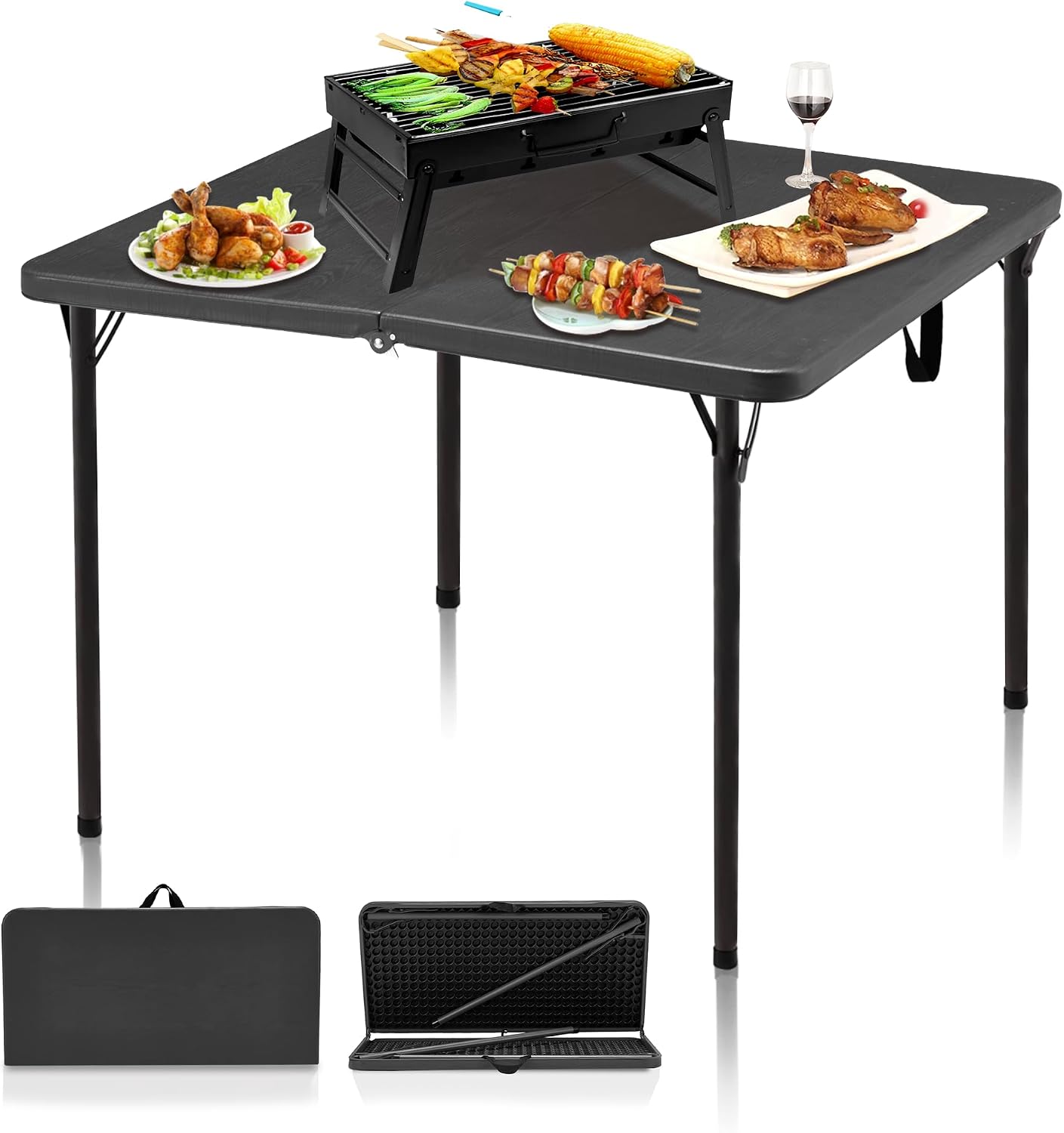 34" Folding Table, Portable Square Camping Card Table with Collapsible Legs & Carrying Handle, Plastic Tables for Outdoor Cooking,Camping,Picnic, Office, Party, Grey