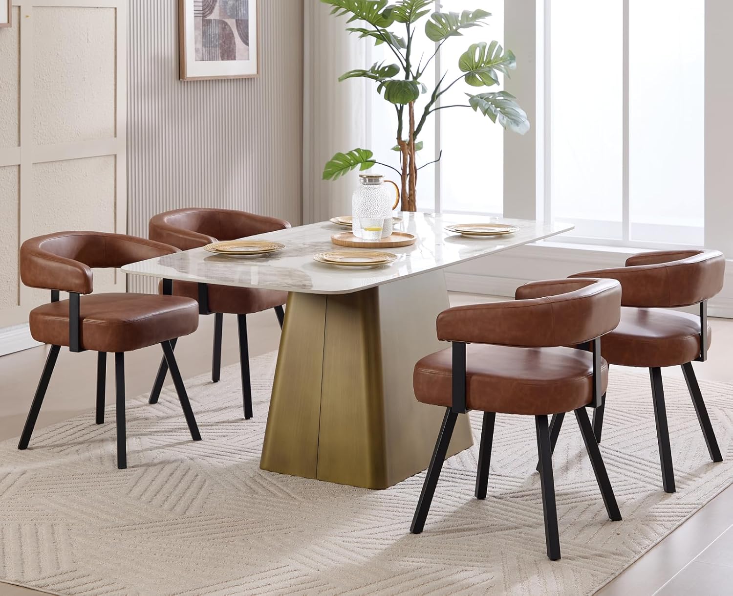 Shunzhi Brown Upholstered Leather Dining Chairs Set of 4 Modern Barrel Dining Room Chairs Comfy Kitchen Chairs Armless PU Side Chair with Curved Back for Living Room/Restaurant