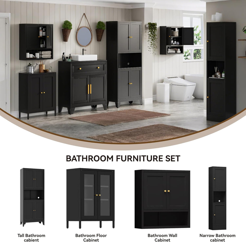 YAUWOH 2-Door Metal Storage Cabinet, Tall Slim Pantry Organizer with 3 Adjustable Shelves (120LBS/Shelf), Anti-Tipping Waterproof Cabinet for Bathroom/Kitchen/Home Office/Small Spaces, (1PC,Black)