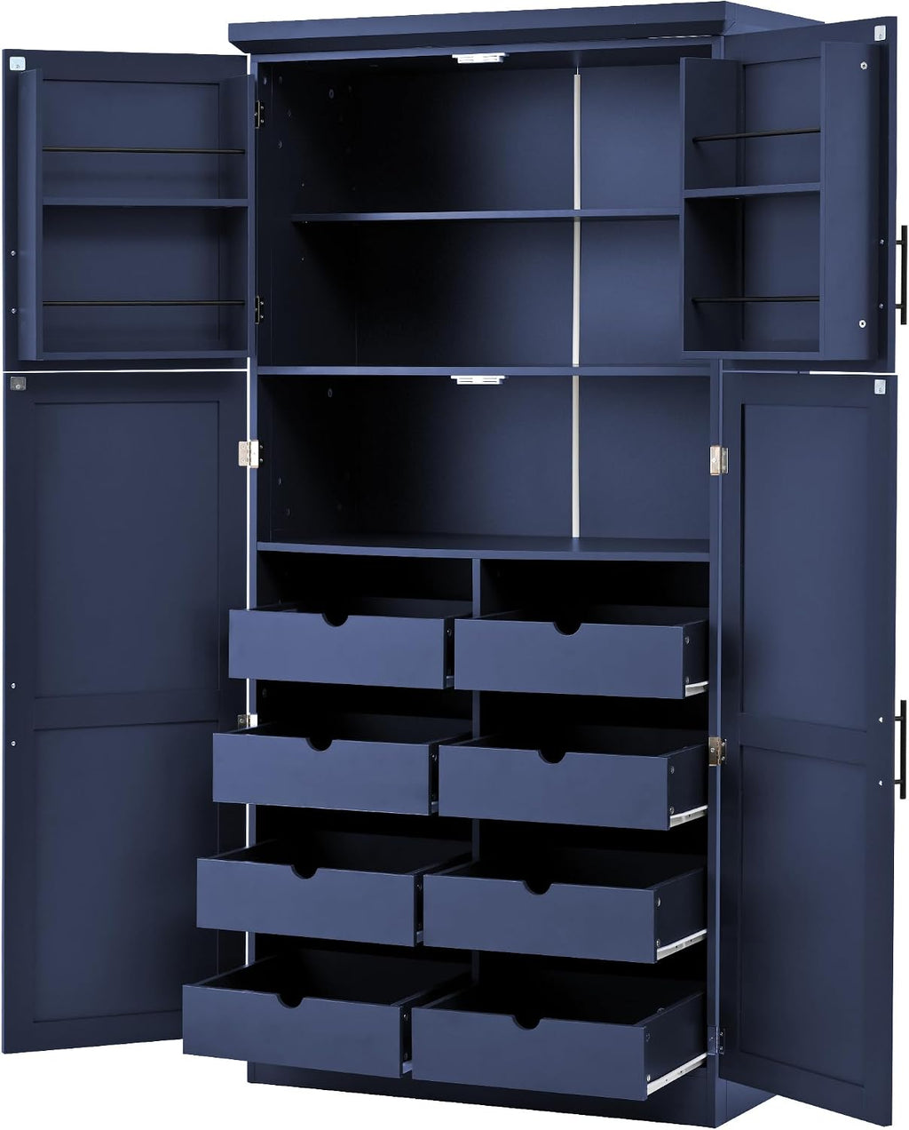 Freestanding Kitchen Pantry 35.5"x17.6"x70.9" Modern Pantry Cabinet with 4 Doors, 2 Door Shelves, 8 Pull-Out Trays and Adjustable Shelf Storage Cabinet Cupboard for Kitchen, Dining Room, Blue