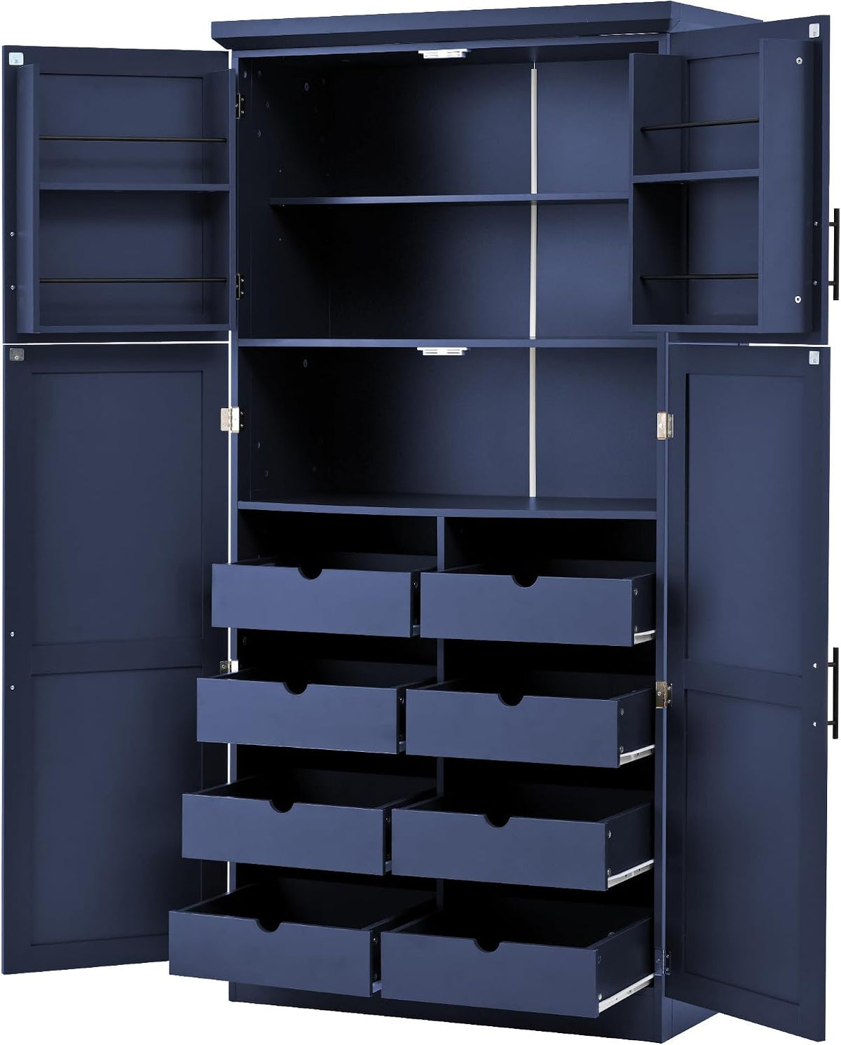 Freestanding Kitchen Pantry 35.5"x17.6"x70.9" Modern Pantry Cabinet with 4 Doors, 2 Door Shelves, 8 Pull-Out Trays and Adjustable Shelf Storage Cabinet Cupboard for Kitchen, Dining Room, Blue