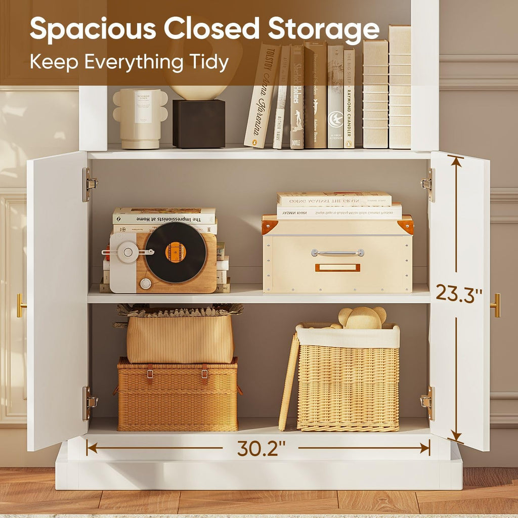 ivaniti 71" Arched Kitchen Pantry Cabinet, Tall Display Modern Storage Combination for Living Room and Dining Room with Dual Glass Door and Open Shelf Cabinets, White with Gold Handles, 3 of Set