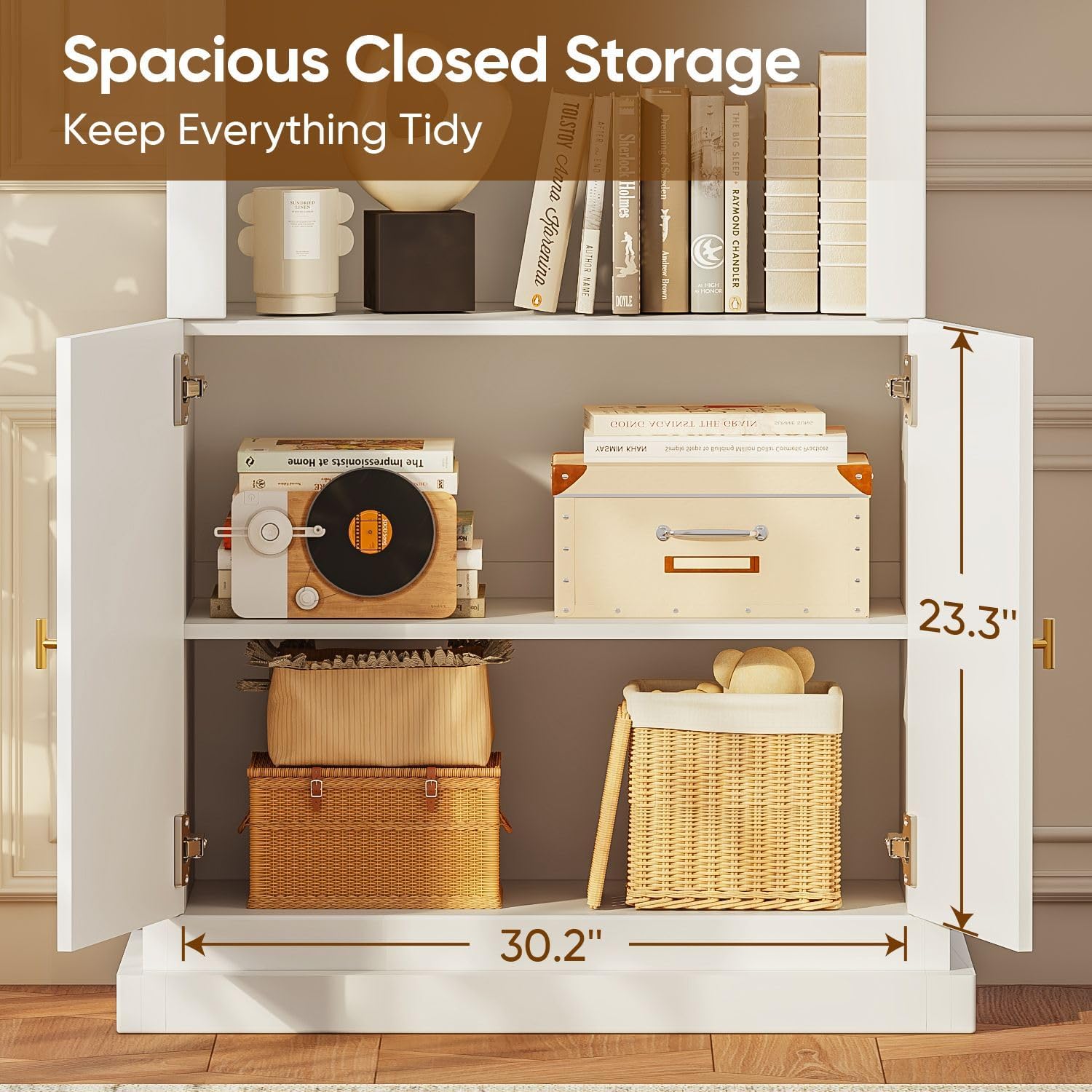 ivaniti 71" Arched Kitchen Pantry Cabinet, Tall Display Modern Storage Combination for Living Room and Dining Room with Dual Glass Door and Open Shelf Cabinets, White with Gold Handles, 3 of Set