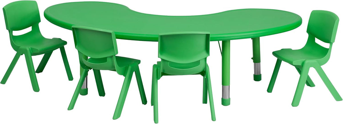 BizChair 35" W x 65" L Half-Moon Green Plastic Activity Table Set-4 Chairs