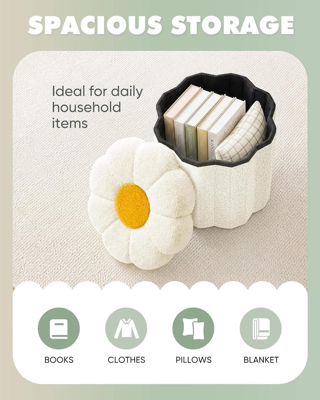 B FSOBEIIALEO Storage Ottoman Cube, 12.6" Ottoman with Storage, Cream White | Sunflower Shaped Footstool，Small Ottomans for Dorm , Faux Teddy Fur, Collapsible Folding Pouf Seat,Living Room, Entryway