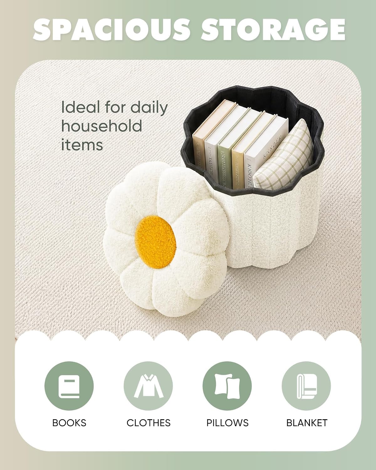 B FSOBEIIALEO Storage Ottoman Cube, 12.6" Ottoman with Storage, Cream White | Sunflower Shaped Footstool，Small Ottomans for Dorm , Faux Teddy Fur, Collapsible Folding Pouf Seat,Living Room, Entryway