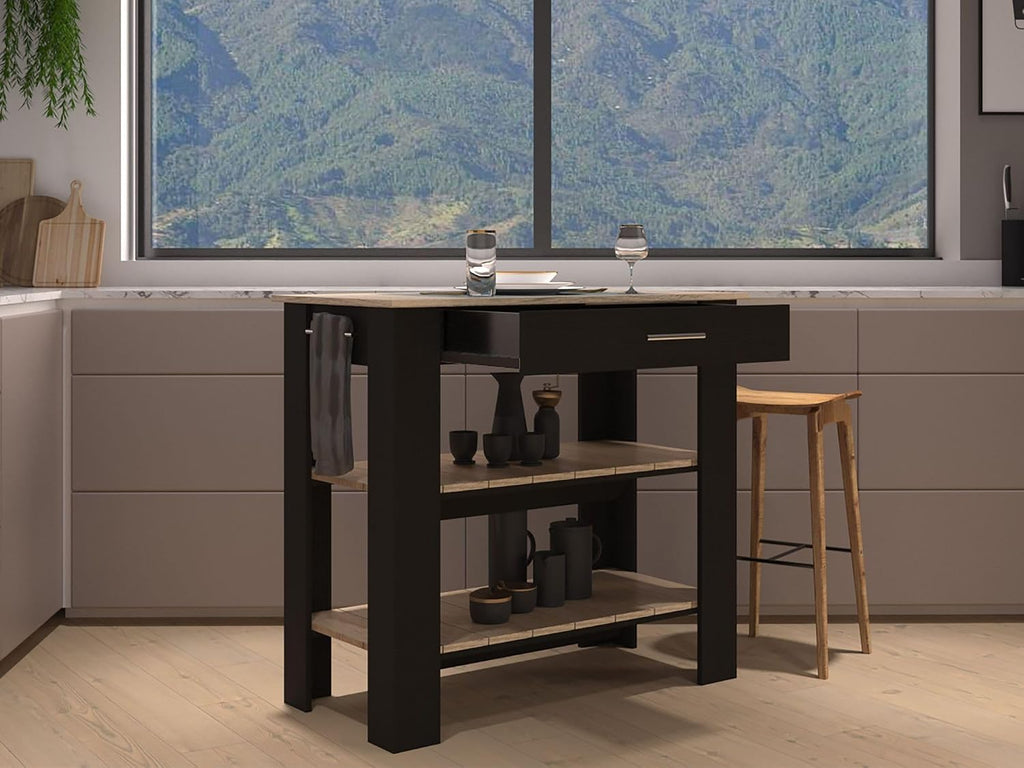 Kitchen Island with Two Shelves, One Drawer, Four Legs, Towel Hanger, Black | Combines two open shelves, one drawer, and towel hanger for storage