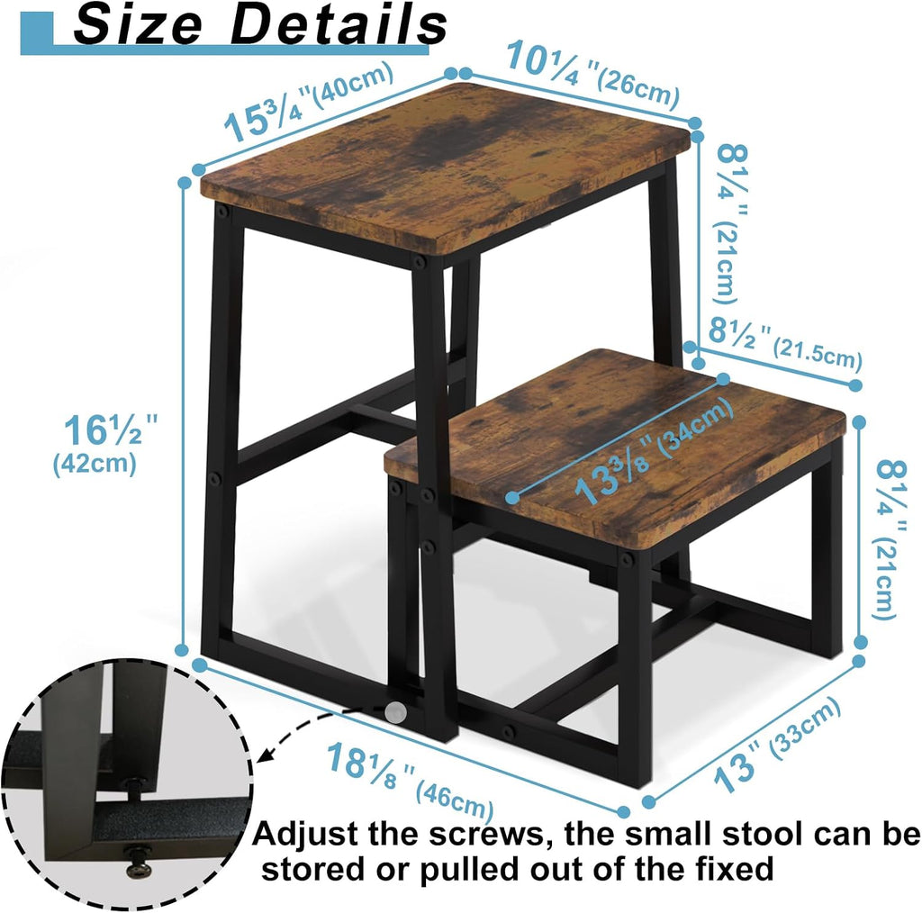 2 Step Stool for Adults Wooden Step Stool with 500 Lbs, Rustic Brown | Kitchen Step Stool, 3 in 1 Heavy Duty Stepping Stool, Tall Bedside Foot Stool for Kichen/Bathroom/Bedroom High Beds, Non-Slip