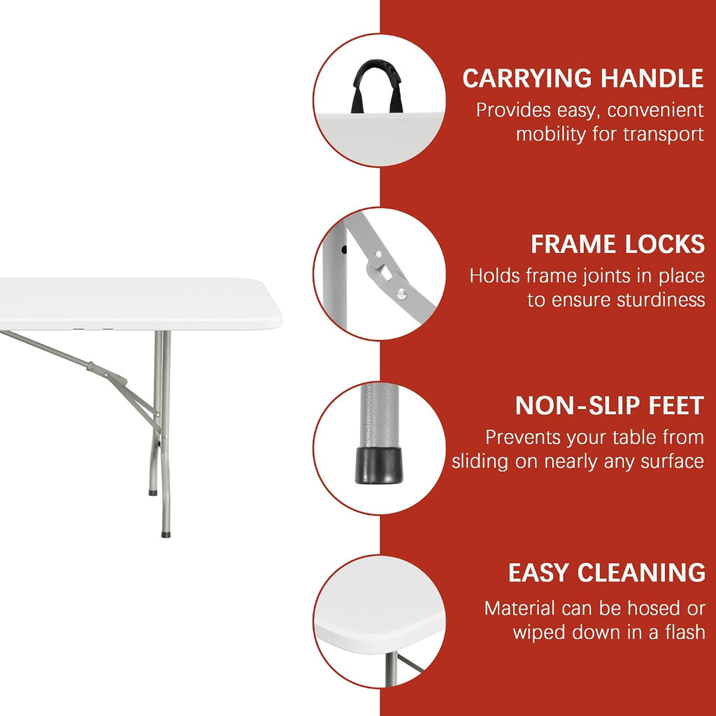 Elevon Folding Table, 8 Feet Heavy Duty Fold-in-Half Utility Table Indoor Outdoor for Camping, Picnic, Party