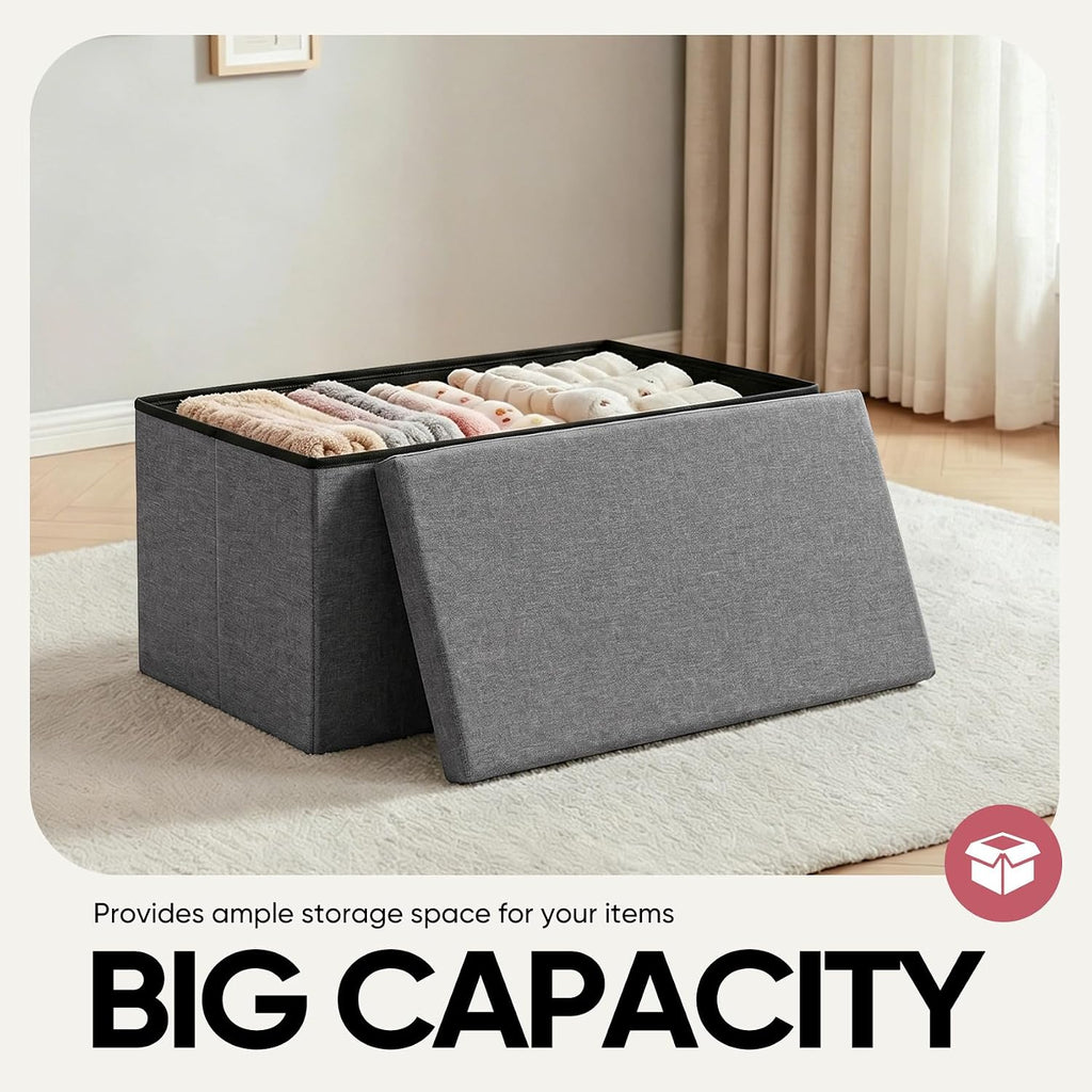 30 Inch Folding Storage Ottoman with Reversible Lid Coffee Table, Linen Fabric Multi-Functional Foot Rest & Seat for Living Room, Bedroom Grey