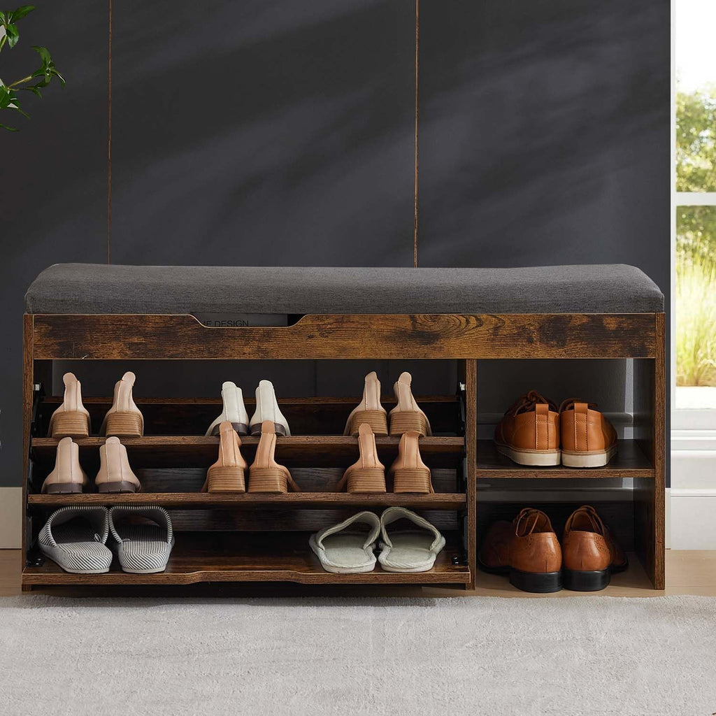 Shoe Storage Bench with Flip Drawers & Lift Top Storage Box, Entryway Bench with Seat Cushion, 3-Tier Short Shoe Cabinet with Adjustable Shelves for Entryway, Hallway, Living Room, Mudroom, Brown