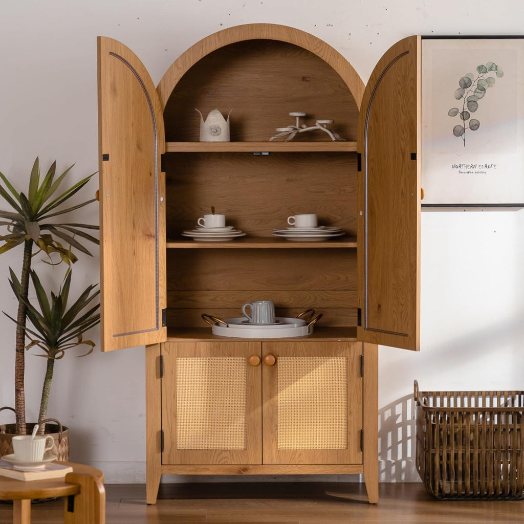 Hassyee Arched Kitchen Pantry Cabinet, Arched Bookcase Rattan Storage Cabinet with Doors Adjustable Shelves, Farmhouse Freestanding Cupboard for Bathroom, Living Room, Dining Room