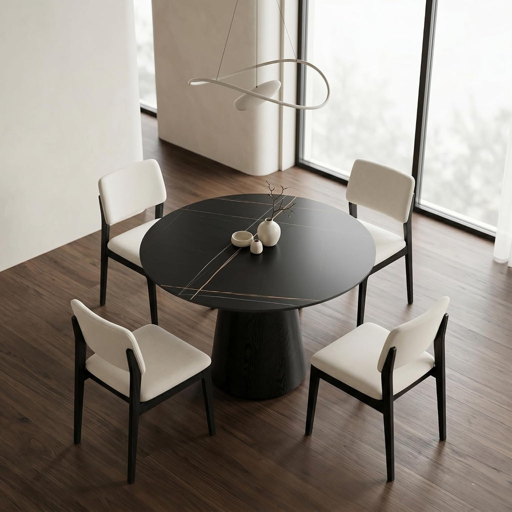 Round Dining Table for 4, 42 Inch Sintered Stone Dining Room Table, White and Black Small Kitchen Table with Stable Pedestal, Modern Marble Dining Table for Kitchen, Apartment, Restaurant