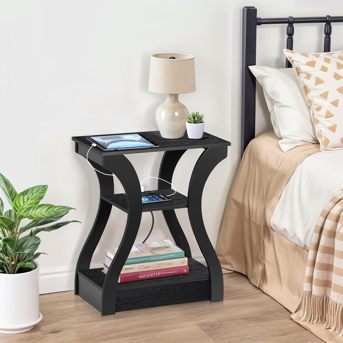 ZENY End Tables Set of 2 with Charging Station, Side Table with USB Ports and Outlets, 3 Tier Nightstand with Storage Shelf for Living Room, Bedroom, Black