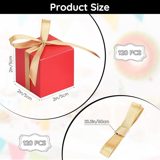 EUSOAR Favor Boxes, 120pcs 2x2x2 Inches Red Small Gift Boxes Candy Box for Party with Gold Ribbon, Mini Cube Soap Box Macaron Chocolate Container for Wedding Birthday Party DIY Favors Supplies
