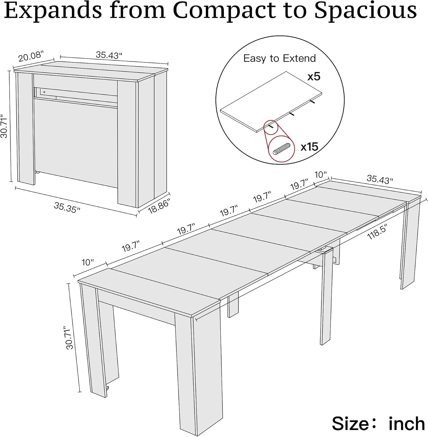 Transformer Table Expandable Dining Table - Modern White Rectangular Furniture, Up to 118.50 in for 6-10 People with Space Saving Design for Dining Area Family Gathering