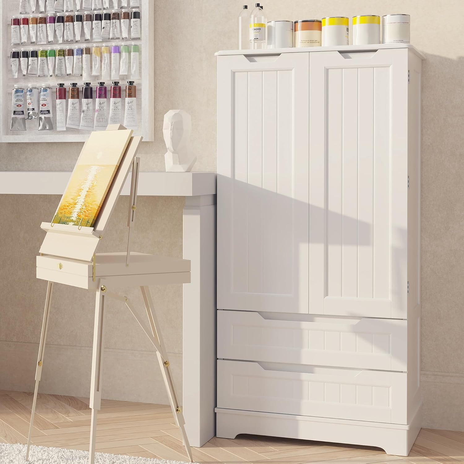 Gizoon Kitchen Pantry Cabinet with Drawers for Ding Room, 47" Small Food Pantry Storage Cabinet with 6 Door Shelves for Snack and Spice, Craft Storage Cabinet for Craft Room, White, Painted