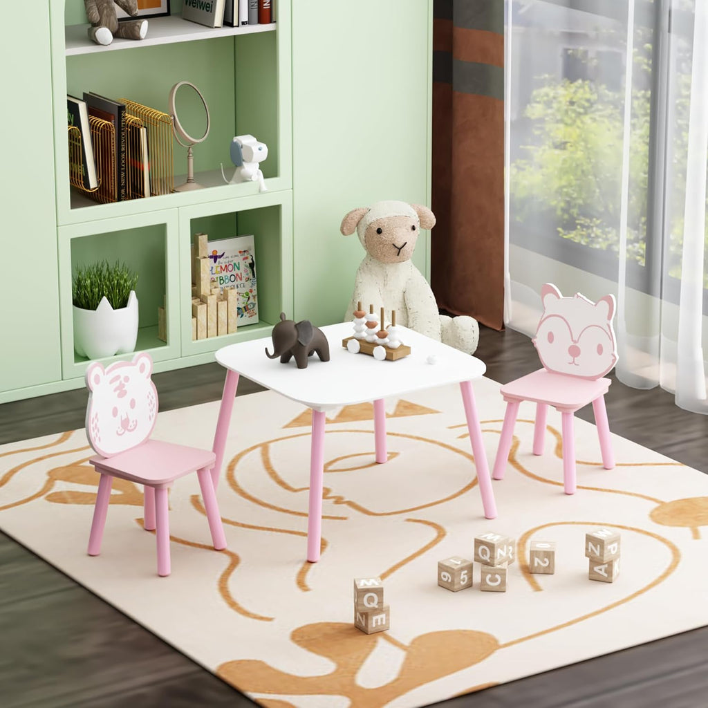Kids Table and Chair Set 3-Piece Wooden Toddler Desk with Animal Backrest Pink and White Activity Table for Drawing Learning Playroom or Nursery