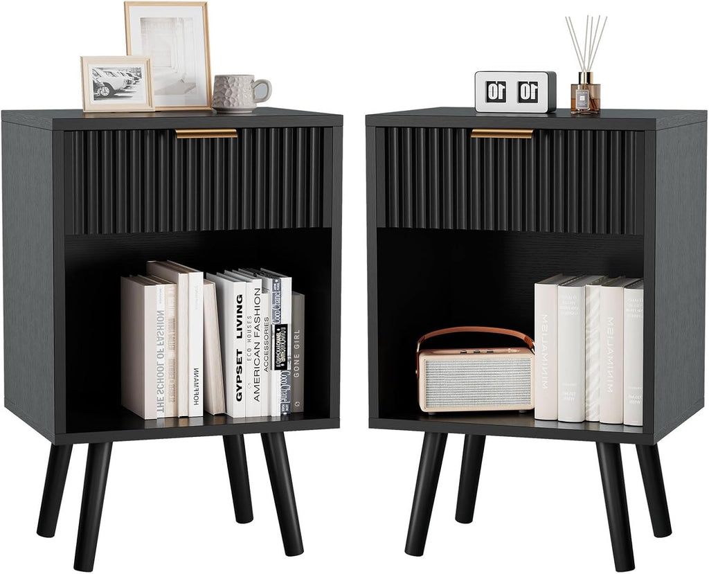 YMYNY Mid Century Modern Nightstand Set of 2, Side Table with Fluted Drawer, Open Shelf Unit, Golden Handle, Solid Wood Legs, Bedside Table, for Bedroom, Black UHST013B-2