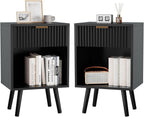 YMYNY Mid Century Modern Nightstand Set of 2, Side Table with Fluted Drawer, Open Shelf Unit, Golden Handle, Solid Wood Legs, Bedside Table, for Bedroom, Black UHST013B-2