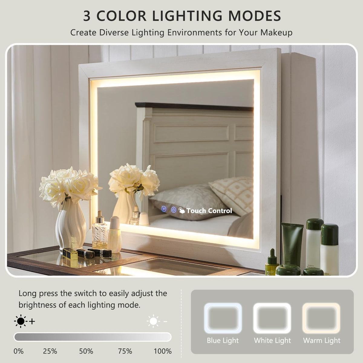 Aitjunz 69" W Farmhouse Vanity Desk with Glass Top,9 Drawers, Antique White | Wood Makeup Table with Large Storage Drawers, Rustic Bedroom Dressing Table w/3 Color Available Light & 30" HD Led Mirror