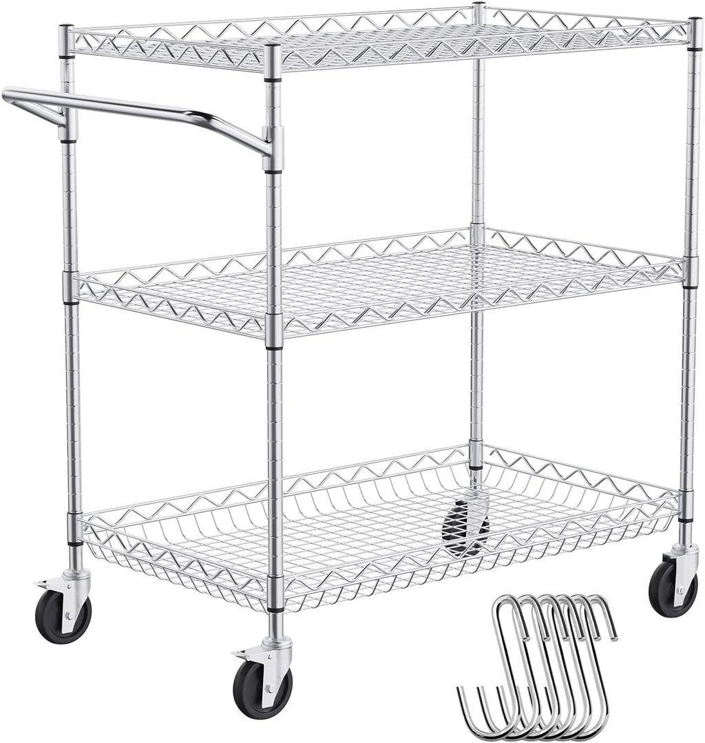 VEVOR Kitchen Utility Cart, 3 Tiers, Wire Rolling Table with 661 LBS Capacity, Steel Service Desk on Wheels, Metal Storage Trolley with 80 mm Deep Basket Curved Handle 6 Hooks