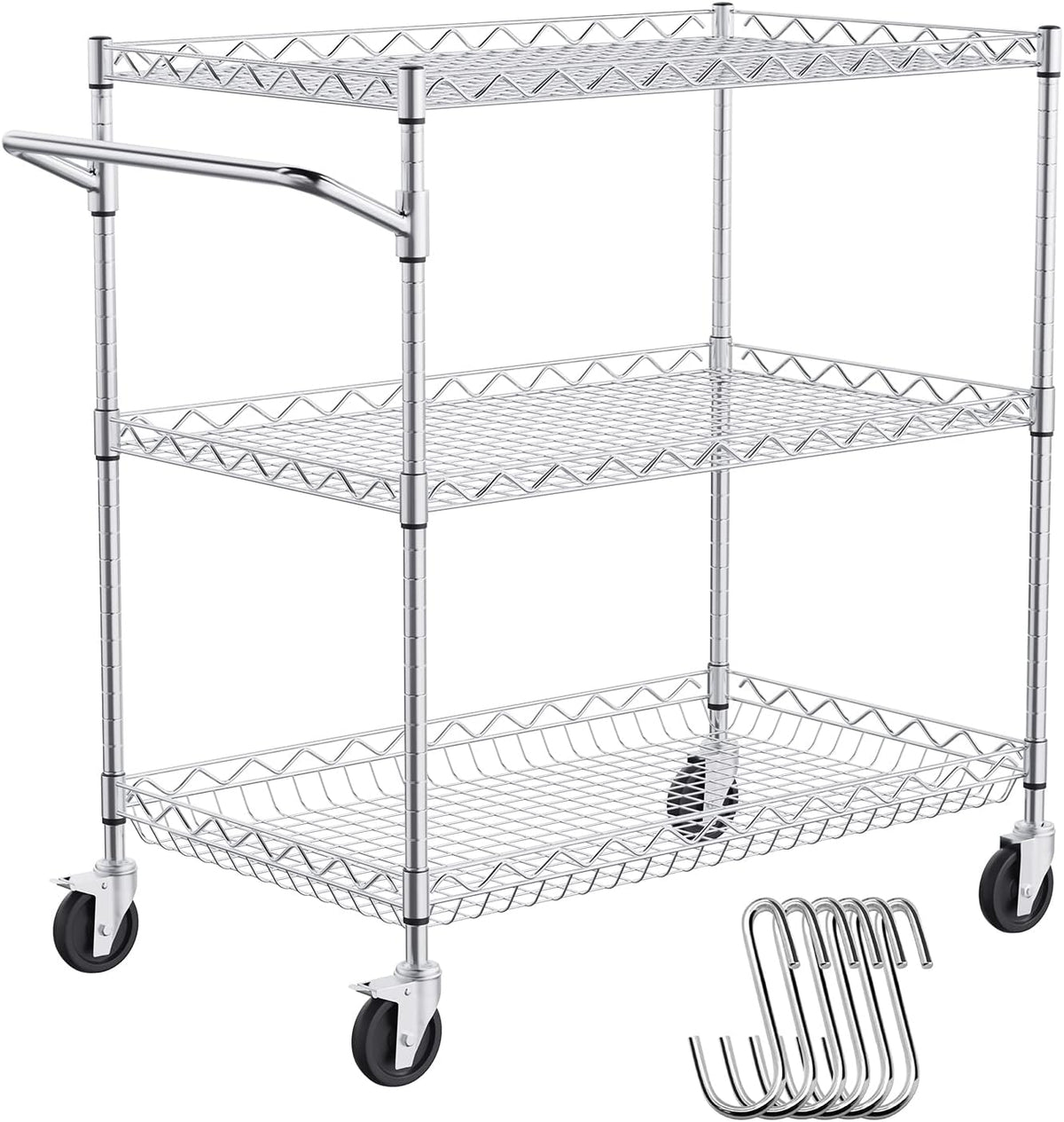 VEVOR Kitchen Utility Cart, 3 Tiers, Wire Rolling Table with 661 LBS Capacity, Steel Service Desk on Wheels, Metal Storage Trolley with 80 mm Deep Basket Curved Handle 6 Hooks