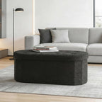 DUMOS Folding Storage Ottoman Bench, Oval Round Ottoman End of Bed Foot Rest Bench Stool with Cushion, Storage Chest for Bedroom, Living Room, Entryway, Dorm, Teddy Fabric, Black