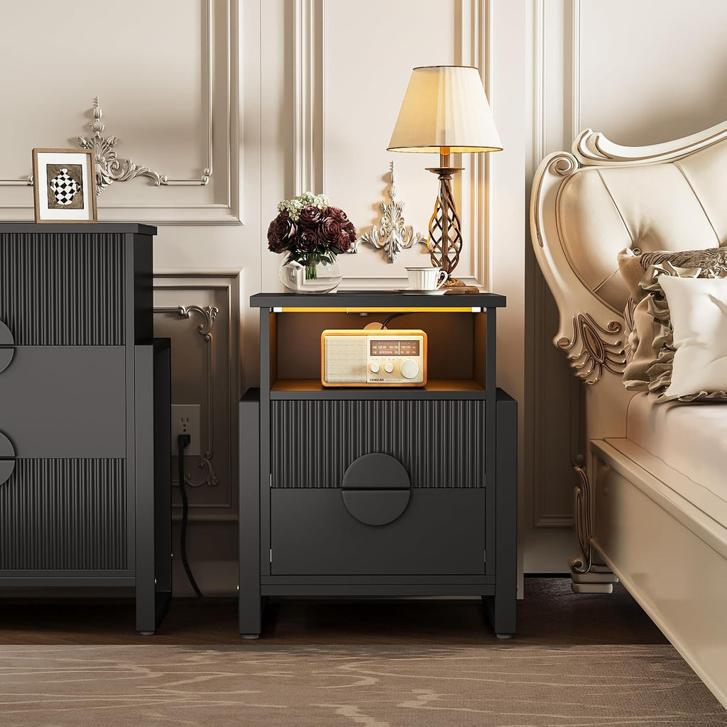 LGHM Set of 2 Fluted Nightstand with Charger Station Strip Lights, 20.47" W Night Stand with 2 Drawers, Large Accent Bed Side Table and End Table, Large Open Cubby, Raising H Legs,Black
