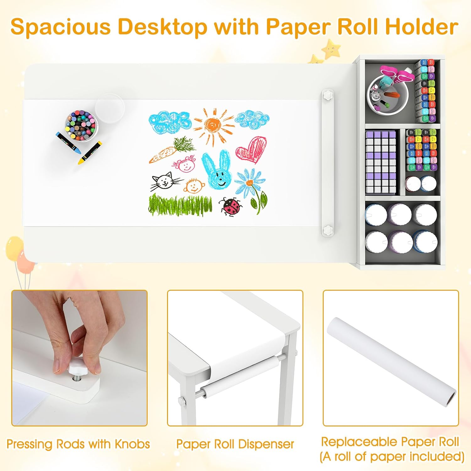 KOTEK Kids Art Table and Chair Set, Kids Craft Table with Paper Roll, 2 Chairs & 4 Storage Bins for Drawing, Reading, Learning, Toddler Activity Play Desk for Playroom or Classroom (White)