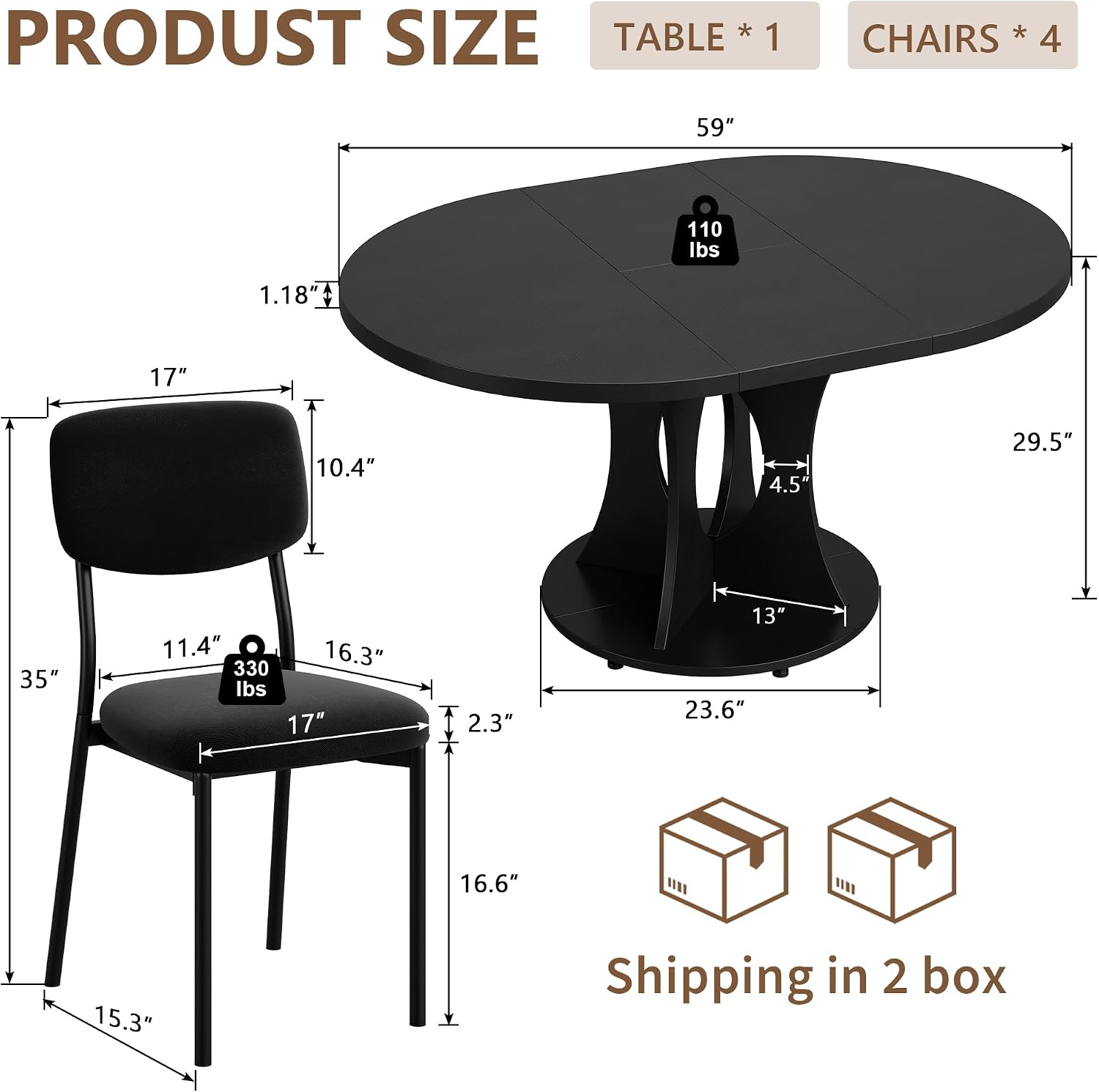 iPormis 43-59" Round Dining Table Set for 4, 5-Piece Kitchen Table & Chairs Set for 4, Extendable Dining Room Circle Table with 4 Upholstered Chairs for Small Space, Black Table + 4 Black Chairs