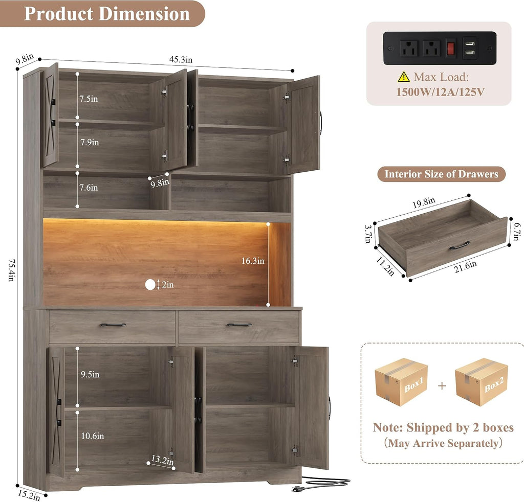 HOSTACK Modern Farmhouse Pantry Cabinet, 75" Tall Kitchen Pantry Storage Cabinet with Charging Station, RGB LED Light, Multi-Purpose Kitchen Storage Hutch Cabinets with Adjustable Shelves, Ash Grey