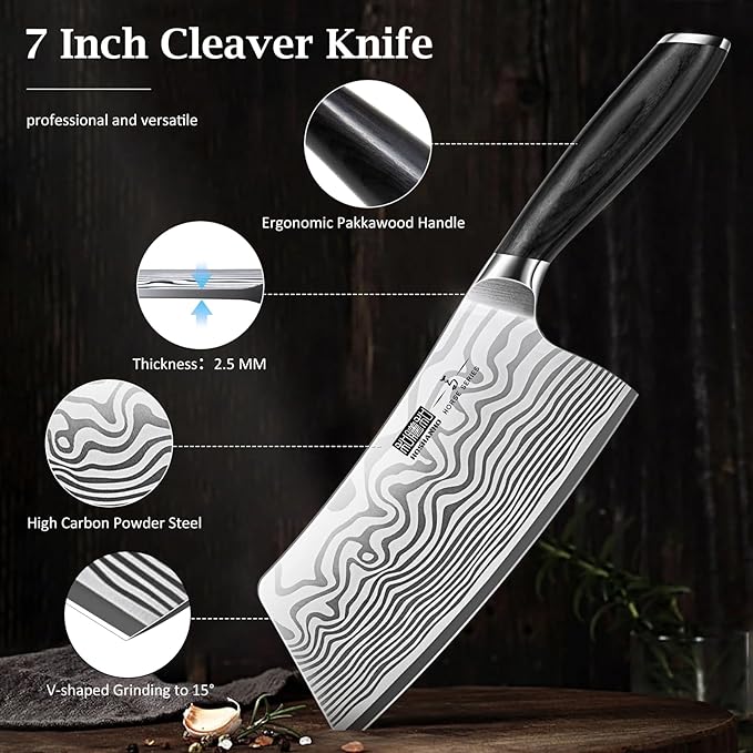 Cleaver Knife 7 Inch, Razor Sharp High Carbon Powder Steel Meat Cleaver, Professional Butcher Chopper Kitchen Knife for Meat Cutting Vegetable Slicing