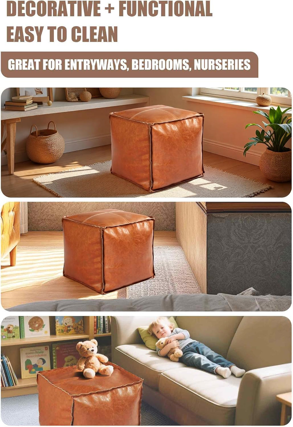Unstuffed Faux Leather Square Pouf Ottoman Cover, Brown | DIY fillable cover with zipper, waterproof faux leather, reinforced seams, 17.7" × 17.7" × 15.7" when filled, no filler