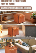 Unstuffed Faux Leather Square Pouf Ottoman Cover, Brown | DIY fillable cover with zipper, waterproof faux leather, reinforced seams, 17.7" × 17.7" × 15.7" when filled, no filler