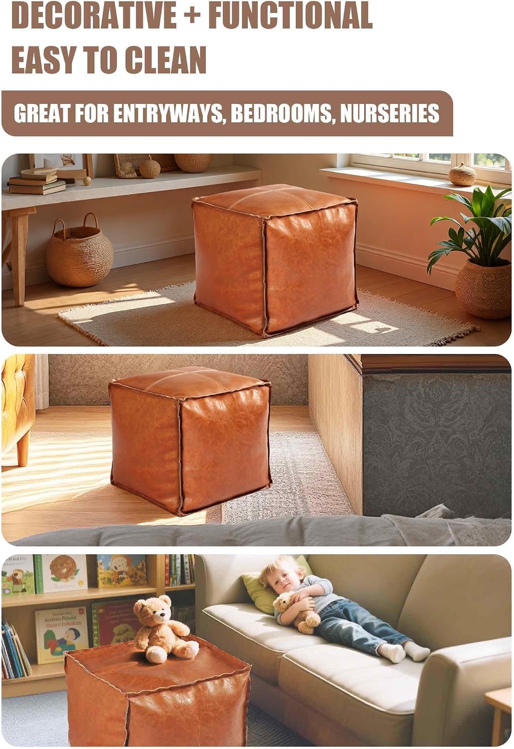 Unstuffed Faux Leather Square Pouf Ottoman Cover, Brown | DIY fillable cover with zipper, waterproof faux leather, reinforced seams, 17.7" × 17.7" × 15.7" when filled, no filler