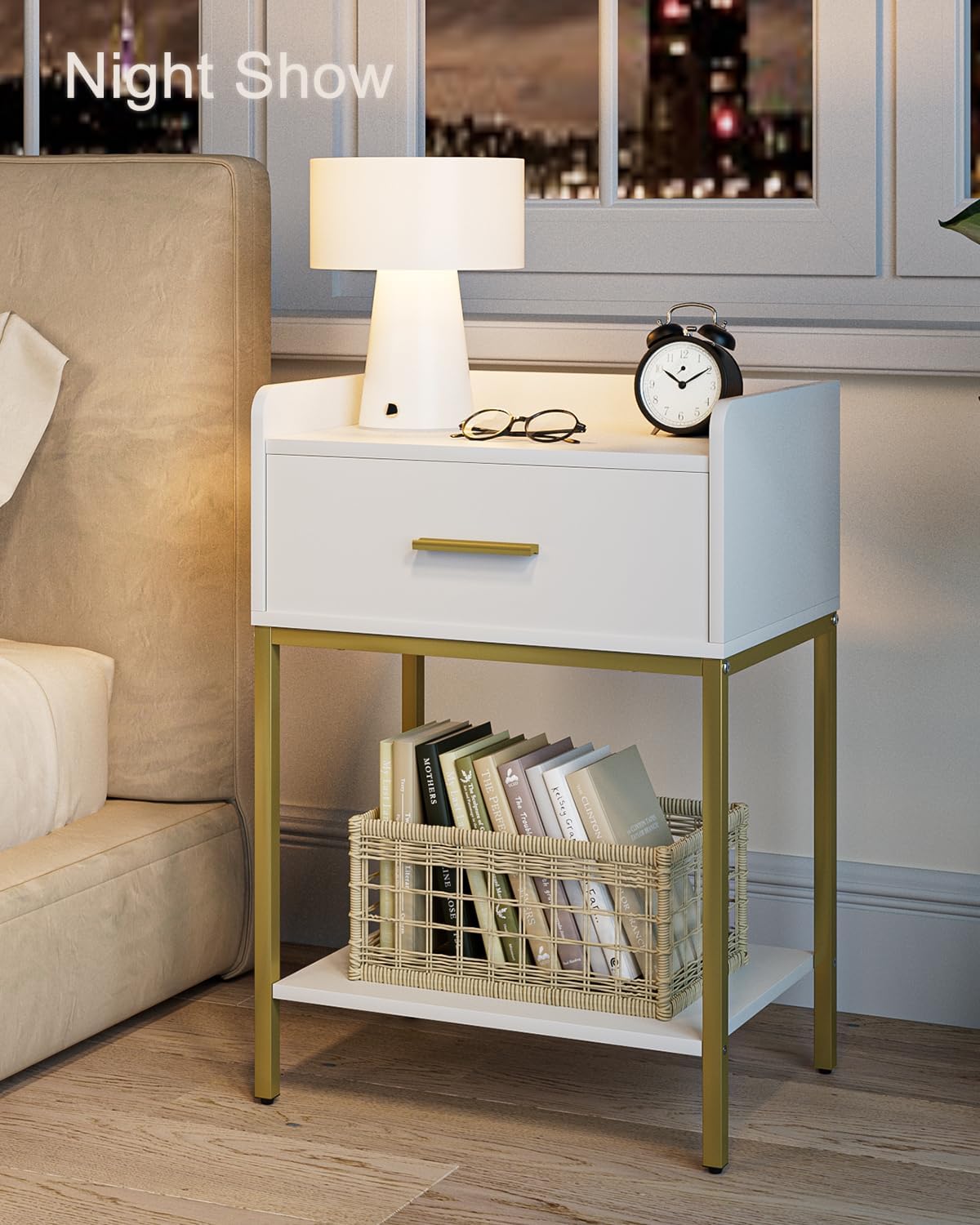 Nightstand,3-Tier Modern Night Stand,Bedside Table with Storage Drawer and Shelf,Small Side Table for Bedroom,Living Room,White