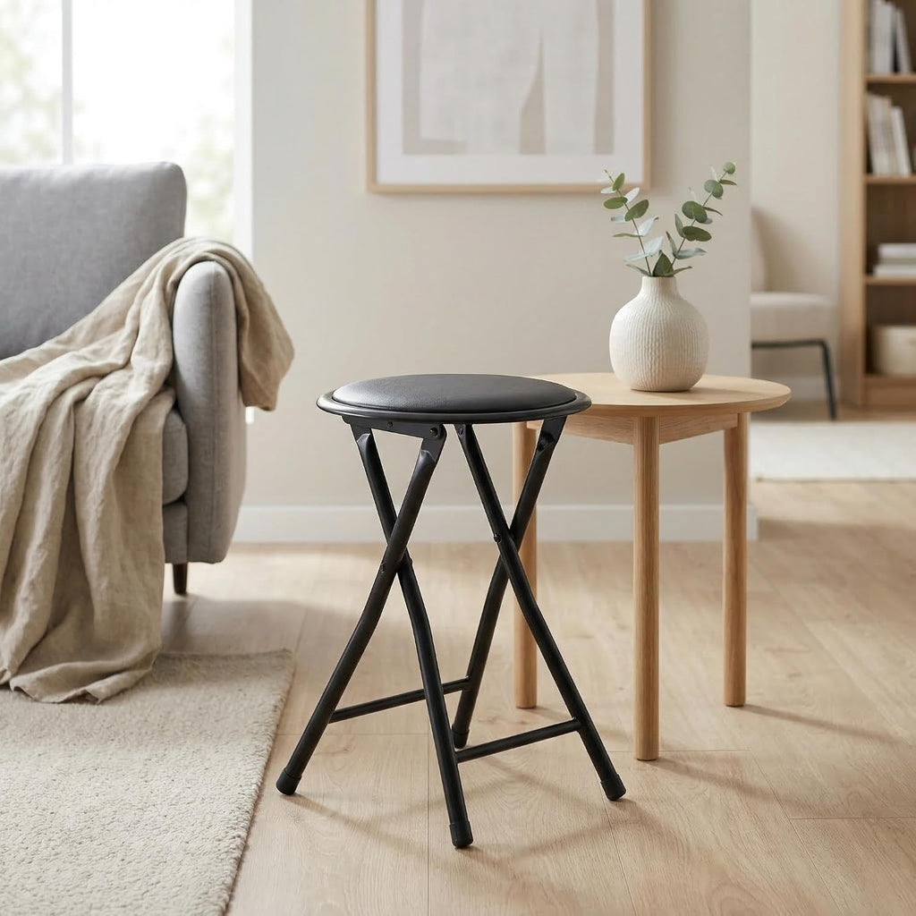 FurnitureR 18" Folding Stool, Portable Round Padded Seat, Backless Collapsible Metal Stool, Compact Extra Seating for Indoor Outdoor, Gift-Ready, No Assembly, Black
