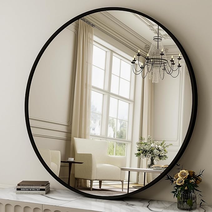 40 Inch Round Mirror - Circle Mirrors for Bathroom, Entryway and Living Room Wall Decor, Modern Hanging Vanity Mirror, Matte Black Circle Decorative Wall Mirror