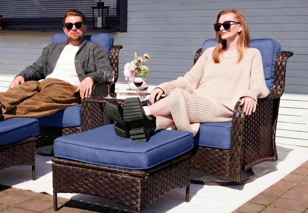 Sundale Outdoor Set of 2 Wicker Ottomans, 22.83" x 22.83" Outdoor Footrest with 4" Thick Large Cushions, All Weather Rattan Patio Ottoman for Footstool, Side Table (Blue)