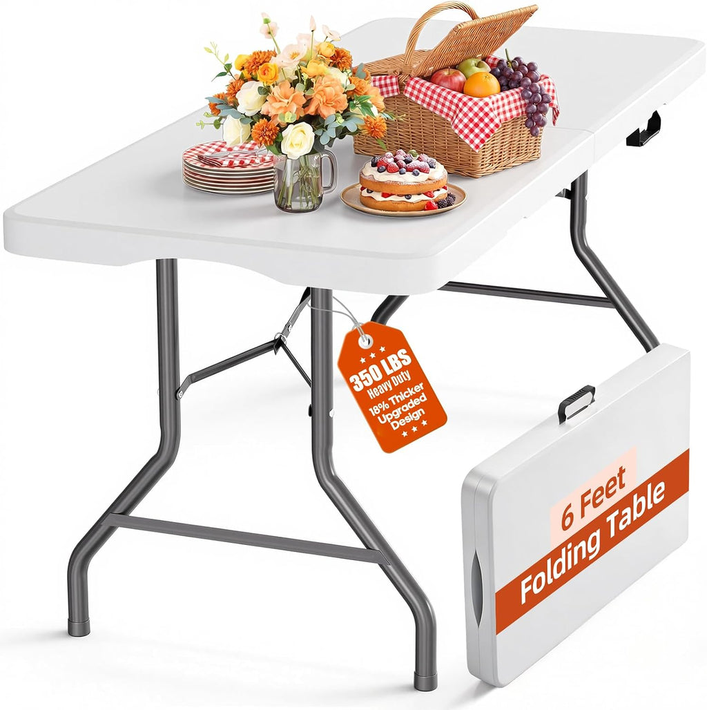 SKONYON 6ft Folding Table Heavy Duty 350 LBS Foldable Table with 18% Thicker HDPE Top Reinforced Steel Frame Portable Fold-in-Half Table Under 22 lbs for Outdoor Indoor Party Wedding Camping White