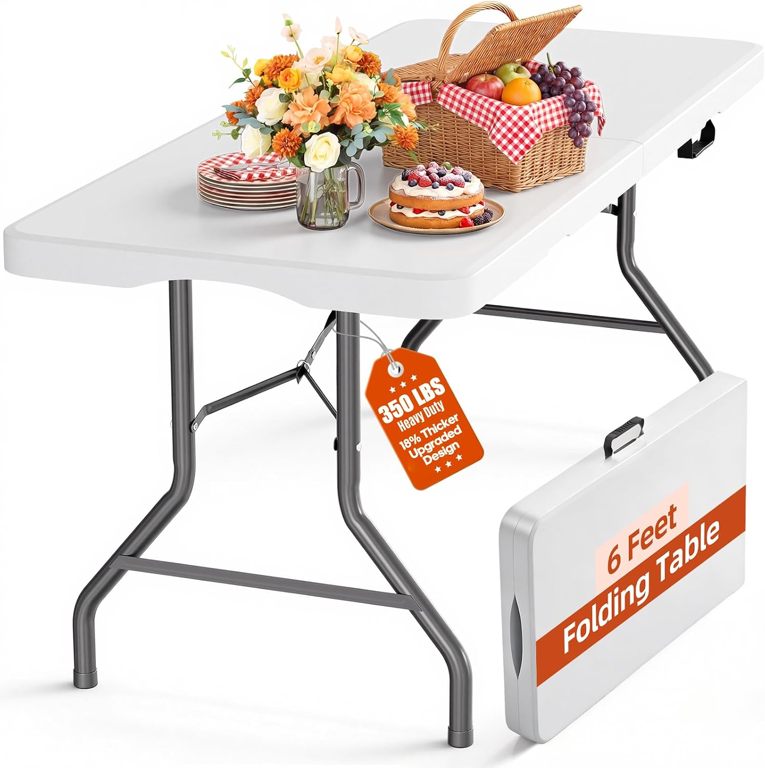 6ft Folding Table Heavy Duty 350 LBS Capacity Foldable Table with 18% Thicker HDPE Waterproof Top & Reinforced Steel Frame, Portable Fold-in-Half Table for Outdoor Indoor Party Wedding Camping